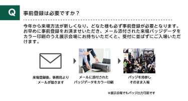 Q事前登録は必要ですか？A今年から来場方法が新しくなり、どなた様も必ず事前登録が必要となります。お早めに事前登録をお済ませいただき、メール添付された来場バッジデータをカラー印刷のうえ展示会場にお持ちいただくと、受付に並ばずにご入場いただけます。