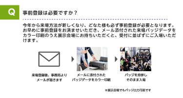 Q事前登録は必要ですか？A今年から来場方法が新しくなり、どなた様も必ず事前登録が必要となります。お早めに事前登録をお済ませいただき、メール添付された来場バッジデータをカラー印刷のうえ展示会場にお持ちいただくと、受付に並ばずにご入場いただけます。