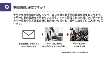 Q事前登録は必要ですか？A今年から来場方法が新しくなり、どなた様も必ず事前登録が必要となります。お早めに事前登録をお済ませいただき、メール添付された来場バッジデータをカラー印刷のうえ展示会場にお持ちいただくと、受付に並ばずにご入場いただけます。