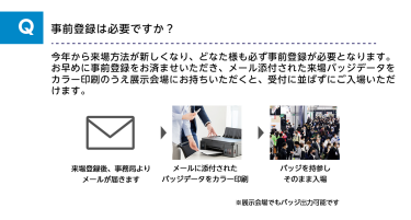 Q事前登録は必要ですか？A今年から来場方法が新しくなり、どなた様も必ず事前登録が必要となります。お早めに事前登録をお済ませいただき、メール添付された来場バッジデータをカラー印刷のうえ展示会場にお持ちいただくと、受付に並ばずにご入場いただけます。