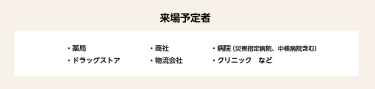 【来場予定者】・薬局・商社・病院（災害指定病院、中核病院含む）・ドラッグストア・物流会社・クリニック　など