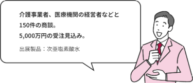 介護事業者、医療機関の経営者などと150件の商談。5,000万円の受注見込み。｜出展製品：次亜塩素酸水