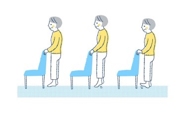 椅子の背もたれに軽く手をつき、かかとの上げ下ろし（10〜20回を1セット）