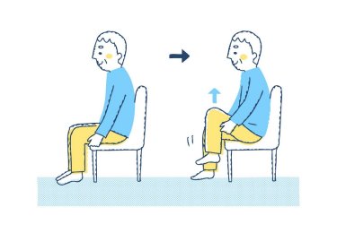 椅子に浅く腰掛け、片足ずつ足をあげ5秒キープ（5〜10回を1セット）