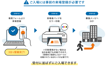 【ご入場には事前の来場登録が必要です】①専用フォームより来場登録②来場者バッジをカラー印刷③幕張メッセへGO