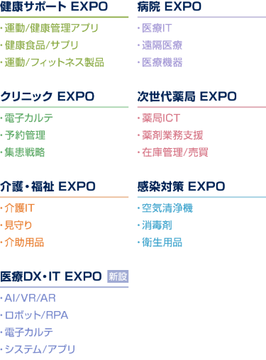 健康サポートEXPO/病院EXPO/クリニックEXPO/次世代薬局EXPO/介護・福祉EXPO/感染対策EXPO/医療DX・IT EXPO