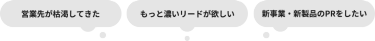 ・英k業先が枯渇してきた　・もっと濃いリードが欲しい　・新事業/新製品のPRをしたい