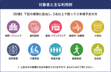 対象者と主な利用例　【対象】下記の業務に該当し、5名以上で揃ってご来場予定の方　病院・クリニック　歯科医院　薬局・ドラッグストア　施術所・治療院　小売店　訪問看護　介護施設　発達支援　運動施設　自治体